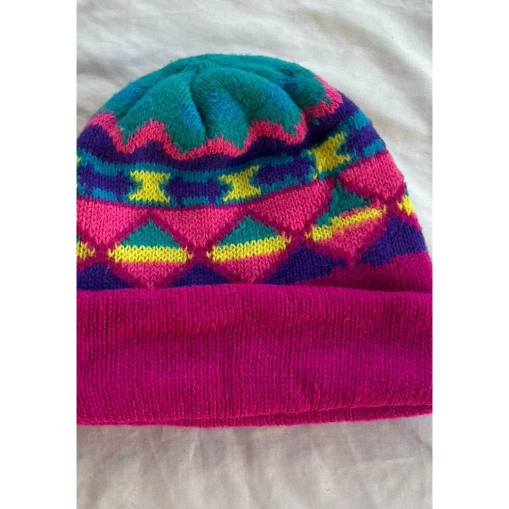 Vintage 90s Fleece Lined Acrylic Navajo Aztec Teal Purple Geometric Beanie Girls